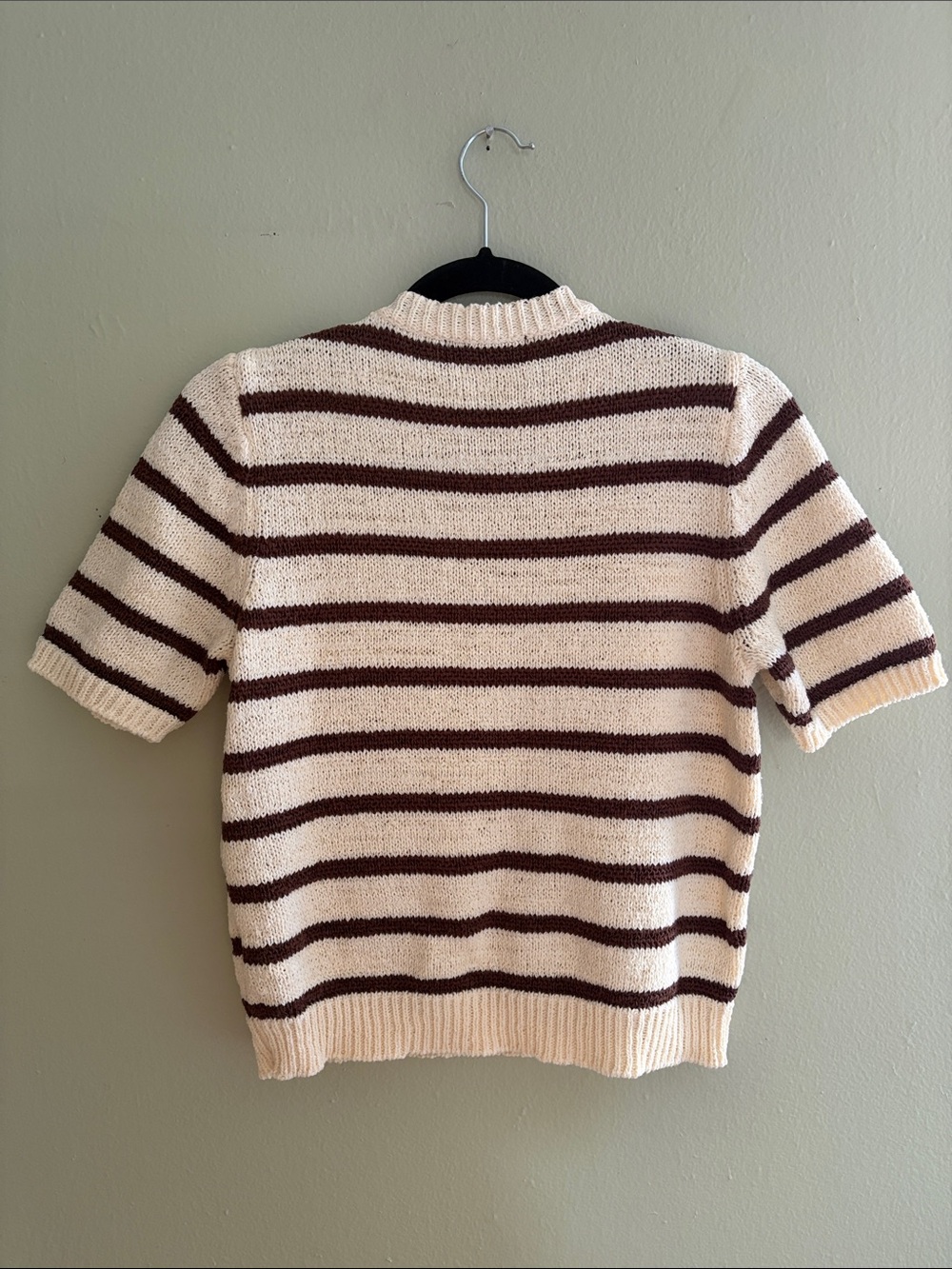 En Saison Cream and Brown Striped Short Sleeve Crew Sweater - Picture 6 of 9